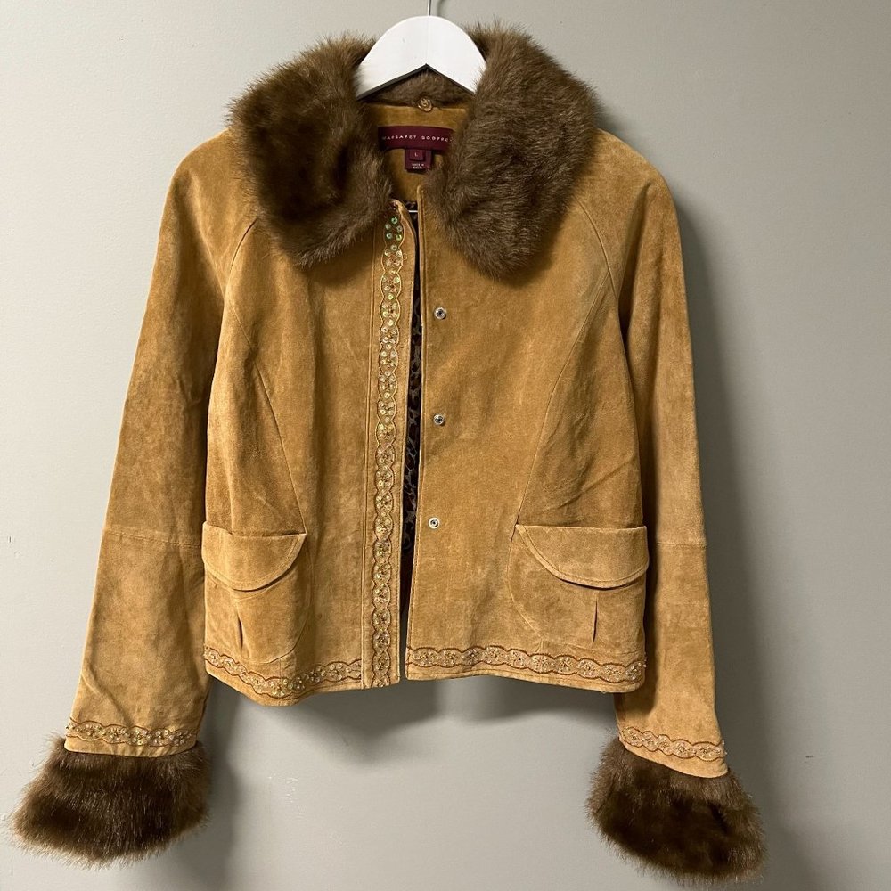 Y2K Margaret Godrey Suede Faux Fur Trim Beaded Crop Jacket Size Large